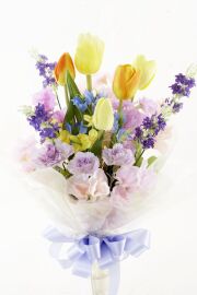 【贈答・贈呈用花束・造花花束・花束ギフト】スイートピーとチューリップのアーティフィシャルフラワーブーケ/ラベンダーミックス