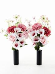 【アーティフィシャルフラワー・造花 お墓・お仏壇向け仏花・供花1対-左右2束セット】薔薇＆ハイビスカスの洋風供花（左右１対セット）