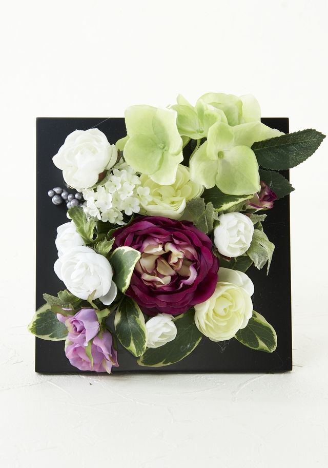 【アーティフィシャル壁掛・造花インテリアフラワー】スクエアフレームアレンジ・セシル−世史瑠