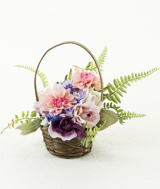 【造花・アーティフィシャルフラワー・カゴアレンジメント】ダリアと薔薇のバスケットアレンジ