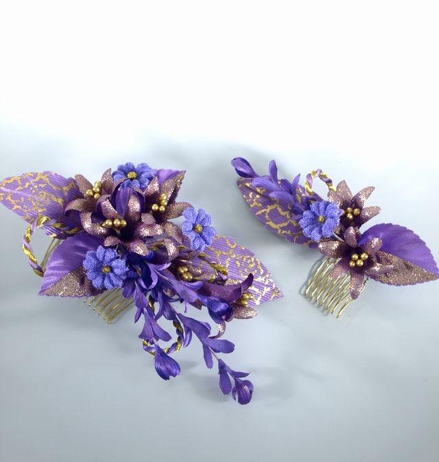 S-2019 和装髪飾り／パープル（コームタイプ 大小２点セット）