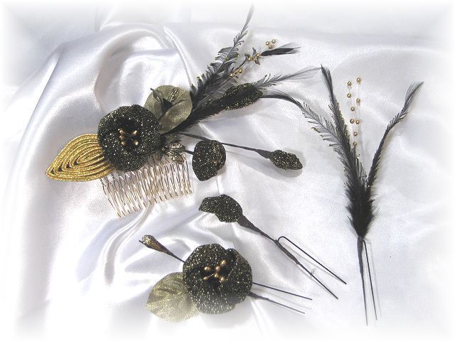 S-2040 和・洋両用髪飾り４点セット（黒ゴールド）