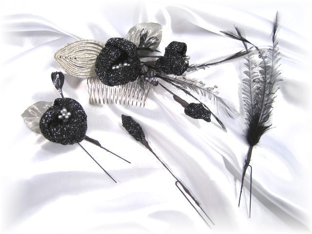 S-2040 和・洋両用髪飾り４点セット（黒シルバー）