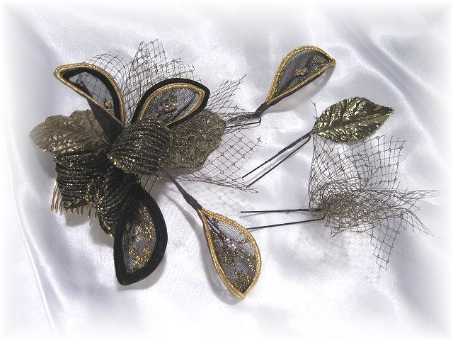 S-2034 和・洋両用髪飾り４点セット（ブラックゴールド）