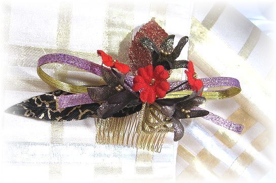 S-2018 和装髪飾り(コームタイプ／セピア）－ブラックレッド系