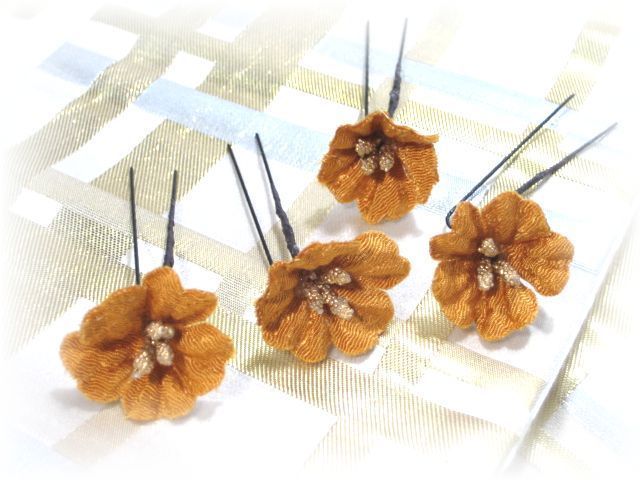 S-1010　和装髪飾り＜銀盃＞Uピン４本セット（９Ａ０５）／金茶