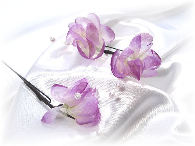 S-1035　洋花とパールのヘアUピンＬ３本セット／パープル