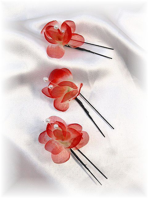 S-1035　洋花とパールのヘアUピンＬ３本セット／レッド