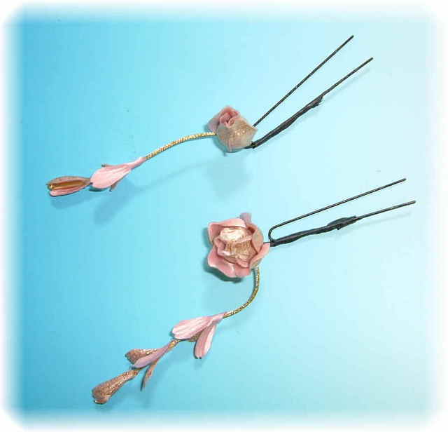 薔薇と藤の和装髪飾りＵピンタイプ（桜色）