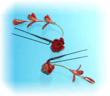 薔薇と藤の和装髪飾りＵピンタイプ（朱）