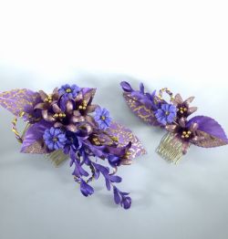 S-2019 和装髪飾り／パープル（コームタイプ 大小２点セット）