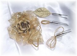 S-2039  薔薇の和装・洋装両用髪飾り４点セット（ゴールド）