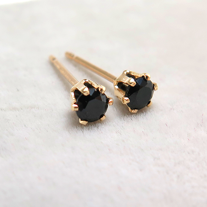 14K//3mmラウンド6本爪・スタッドピアス・天然石（ブラックスピネル）14k（14金イエローゴールド）（1ペア）