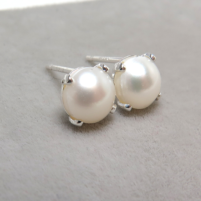 sv925シルバー淡水パール（真珠）ピアス（6mmカボション・4本爪）（25ペア）