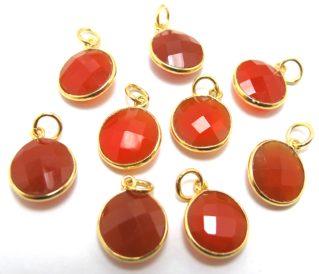 ゴールドプレーテッド・SV925/ペンダントトップ/天然石カーネリアン/ラウンド 11mm（ベゼルセッティング）（10個）