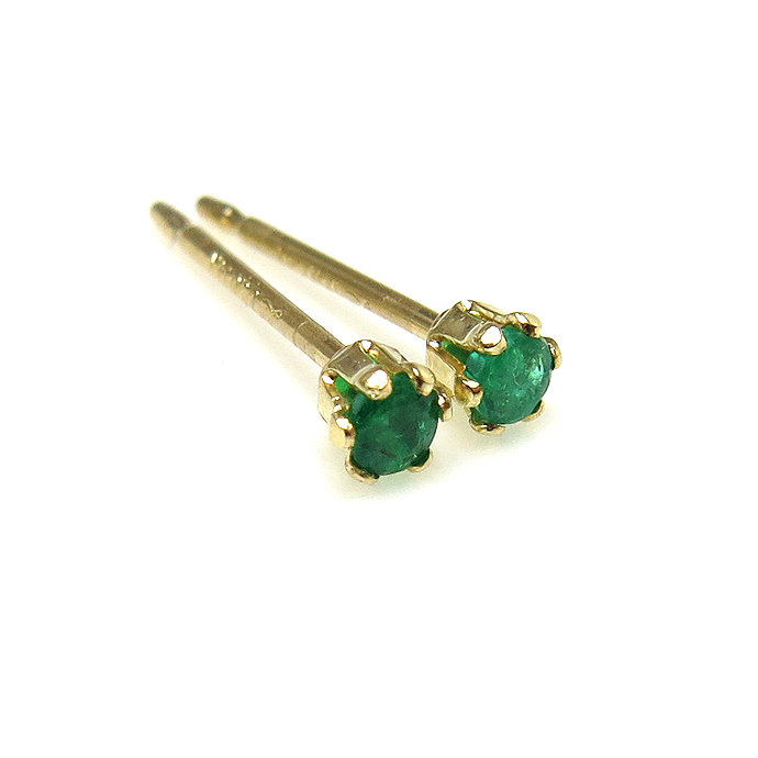 14kgf天然石ピアス・エメラルド（ザンビア・無処理）/2mmラウンド6本爪・スタッドピアス（立て爪ピアス）「14kgf」（1ペア）
