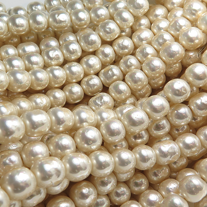 純国産ガラスパールビーズ（ミガキ）（ラウンドバロックパール10mm）（両穴）ビンテージパールカラー[A]（40センチ）（5本）