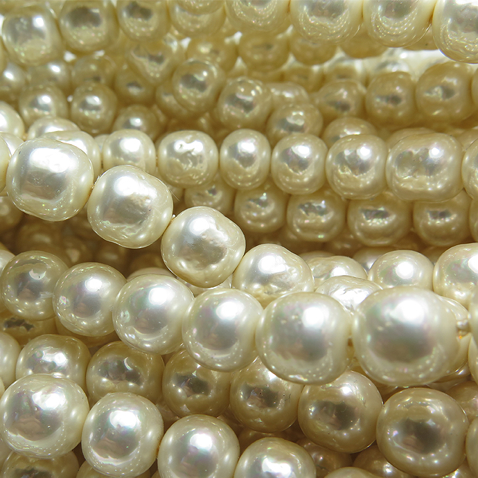 純国産ガラスパールビーズ（ミガキ）（ラウンドバロックパール6mm）（両穴）ビンテージパールカラー[A]（40センチ）（5本）