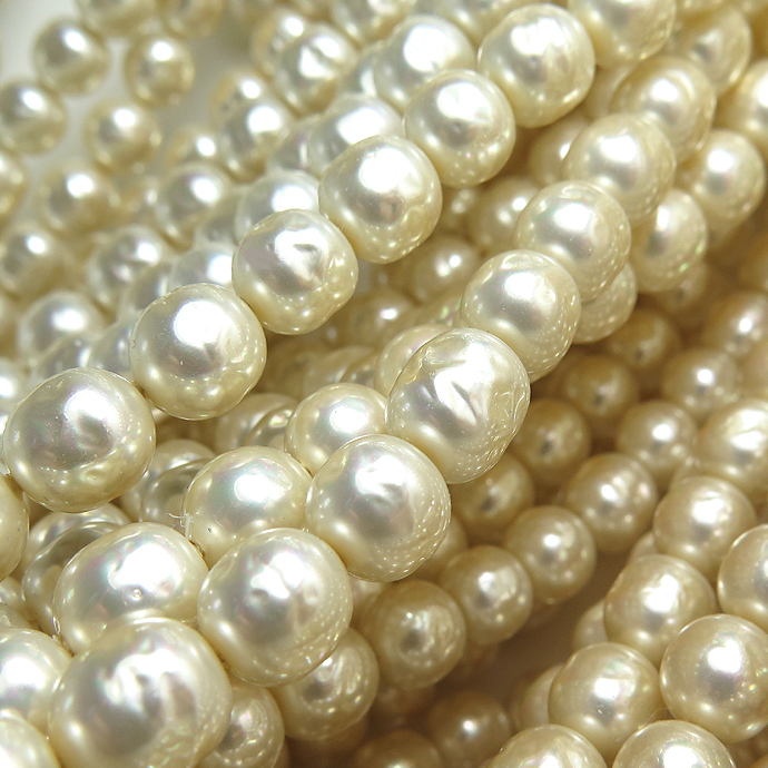 純国産ガラスパールビーズ（ミガキ）（ラウンドバロックパール8mm）（両穴）ビンテージパールカラー[A]（40センチ）（1本）