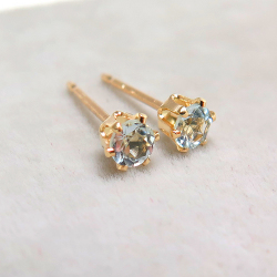 14K//3mmラウンド6本爪・スタッドピアス・天然石（アクアマリン）14k（14金イエローゴールド）（1ペア）
