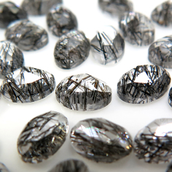 天然石ルース 裸石  ブラックルチルクオーツ ブラックトルマリンインクォーツ オーバル カボション ローズカット 【6×4mm】 25個