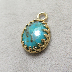 天然石ターコイズ(チベット)・ペンダントクラウン（ベゼルセッティング/カボション）（オーバル・10×8mm）（真鍮ブラス・ゴールドカラー）（1個）