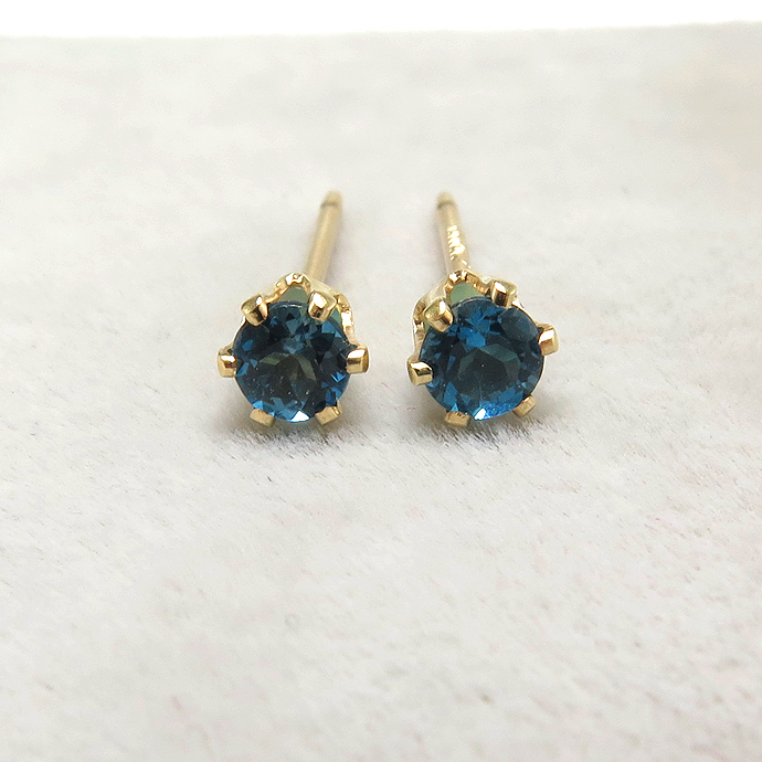 14k/3mmラウンド6本爪・スタッドピアス・天然石ロンドンブルートパーズ「14金イエローゴールド」（1ペア）