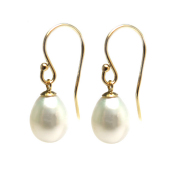 淡水パール真珠ピアス（フレンチフックピアス・ボールエンド）/エッグ（ライス）（ホワイト系）7～8mm「14kgf（ゴールドフィルド）」（1ペア）