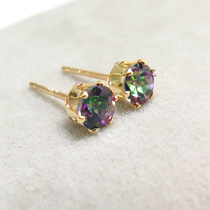 10K/4mmラウンド6本爪・スタッドピアス・天然石ミスティックトパーズ（グリーン）ブラジル産「10金イエローゴールド」（1ペア）