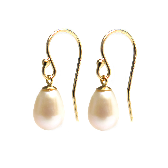 淡水パール真珠ピアス（フレンチフックピアス・ボールエンド）/エッグ（ライス）（ホワイト系）6～7mm「14kgf（ゴールドフィルド）」（1ペア）