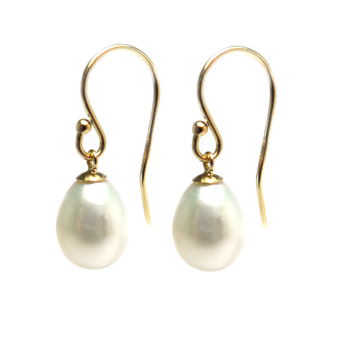 淡水パール真珠ピアス（フレンチフックピアス・ボールエンド）/エッグ（ライス）（ホワイト系）7～8mm「14kgf（ゴールドフィルド）」（1ペア）