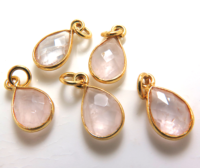 ゴールドプレーテッド・SV925/ペンダントトップ/天然石ローズクオーツ/ペア 10×7mm（ベゼルセッティング）（3個）