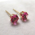 10K/4mmラウンド6本爪・スタッドピアス（立て爪ピアス）・天然石（ピンクトルマリン）「10金イエローゴールド」（1ペア）