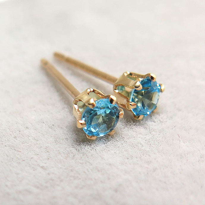 14k/3mmラウンド6本爪・スタッドピアス・天然石スイスブルートパーズ「14金イエローゴールド」（1ペア）