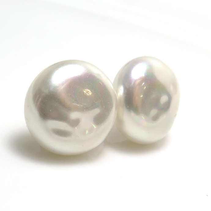 純国産ガラスパールピアス バロックパール ミガキ 14mm ホワイトパールカラー（1ペア）