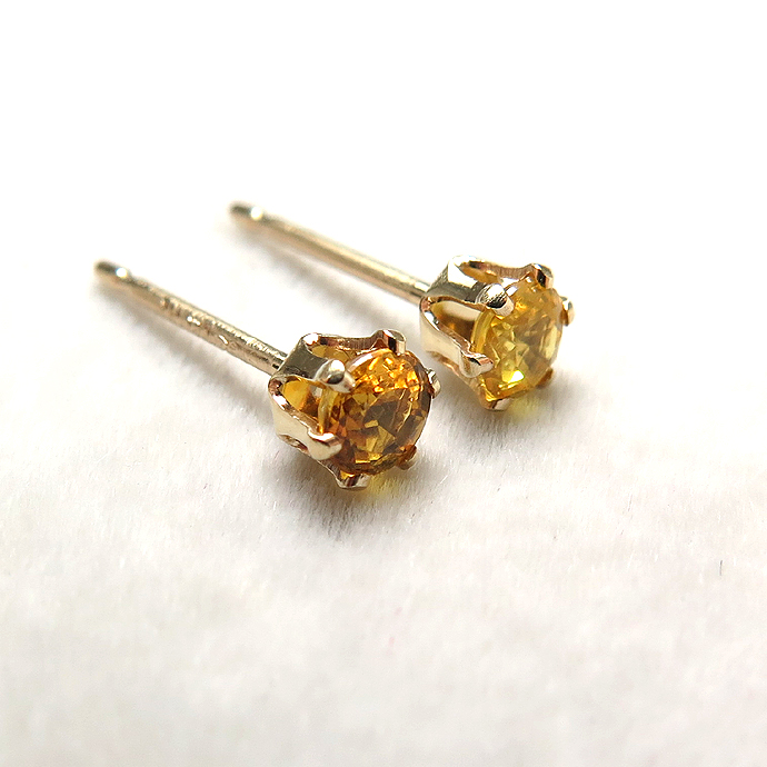 14k/3mmラウンド6本爪・スタッドピアス（立て爪ピアス）・天然石（イエローサファイア・タンザニア産）「14金イエローゴールド」（1ペア）