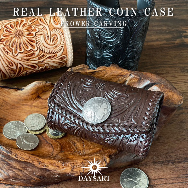 本牛革 サドルレザー フラワーカービング レザーコインケース コンチョ 【 メンズ 小銭入れ ヌメ革 牛革 バイカー 】 cp003-dbr