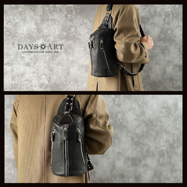 牛革 カーフスキン ピラー型 レザーボディバッグ ワンショルダー