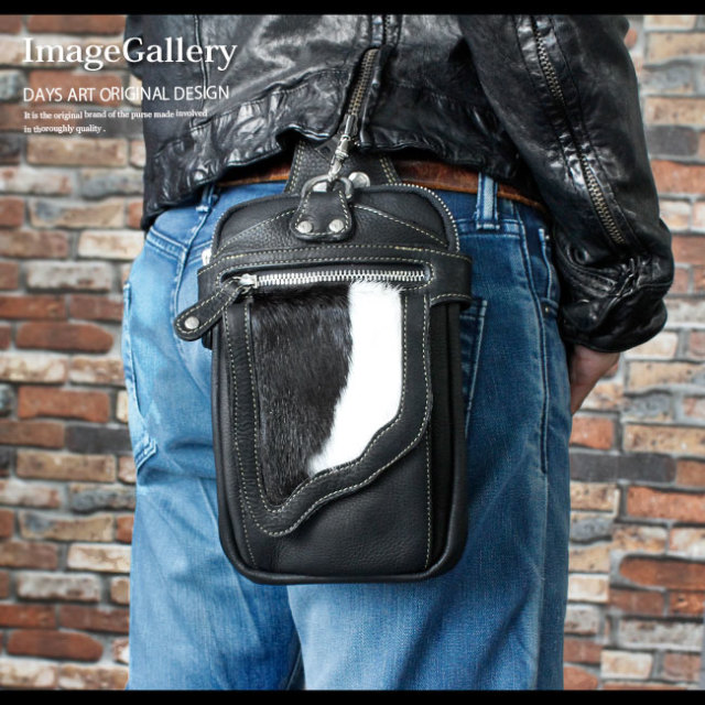 ベルトポーチ レザーバッグ 牛毛皮 ハラコ 牛革 長財布入れ 脚用ベルト