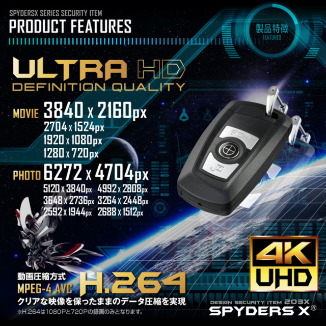 A-208α スパイカメラ 小型カメラ 隠しカメラ キーレス型カメラ キーリモコン型カメラ 4Kカメラ オンスクエア スパイダーズX