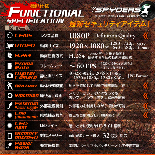 A-640B スパイカメラ 小型カメラ 隠しカメラ モバイルバッテリー型カメラ オンスクエア スパイダーズX
