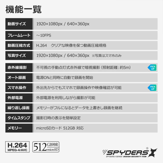 C-511 小型カメラ スパイカメラ 隠しカメラ オンスクエア スパイダーズX