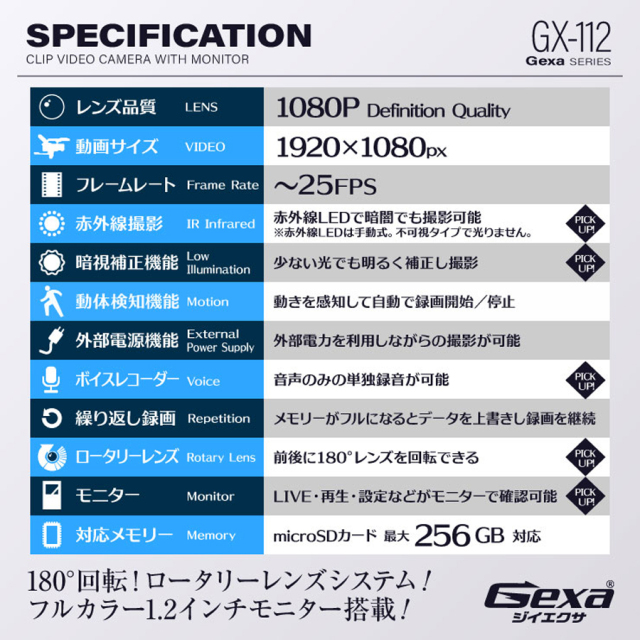 GX-112 スパイカメラ 小型カメラ 隠しカメラ クリップ型カメラ オンスクエア Gexa ジイエクサ