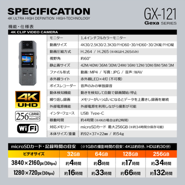 GX-121 | 4K録画対応ペンクリップ小型カメラ【SALE】【レンズ