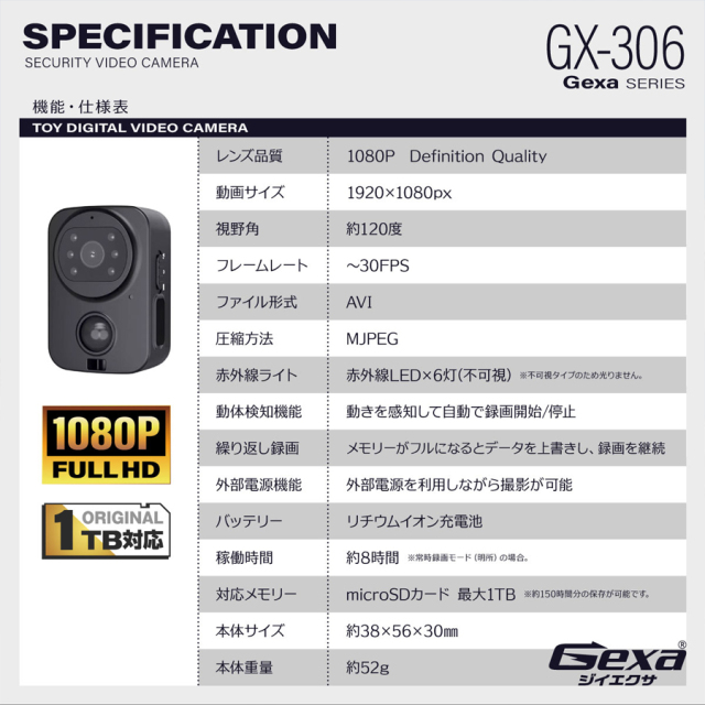 GX-306 小型カメラ スパイカメラ 隠しカメラ オンスクエア Gexa ジイエクサ
