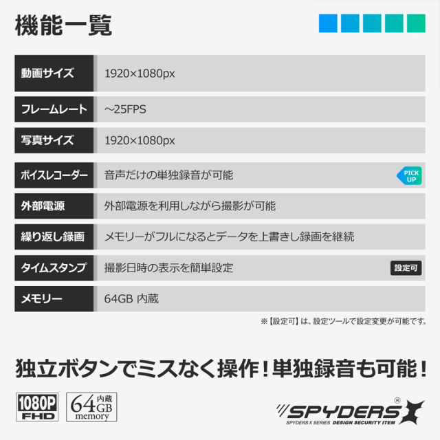P-380 小型カメラ スパイカメラ 隠しカメラ ペンクリップ型カメラ オンスクエア スパイダーズX