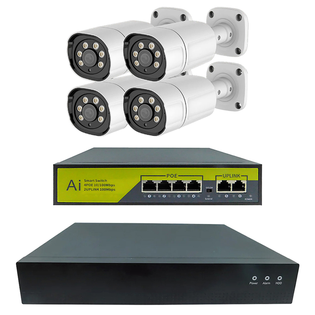 SEC-N-4AIK-4T | AI機能搭載800万画素赤外線PoEバレット型カメラ4台＋HDD録画機セット【防犯カメラ】【監視カメラ】【セキュリティーカメラ】【IPカメラ】【屋外設置対応】