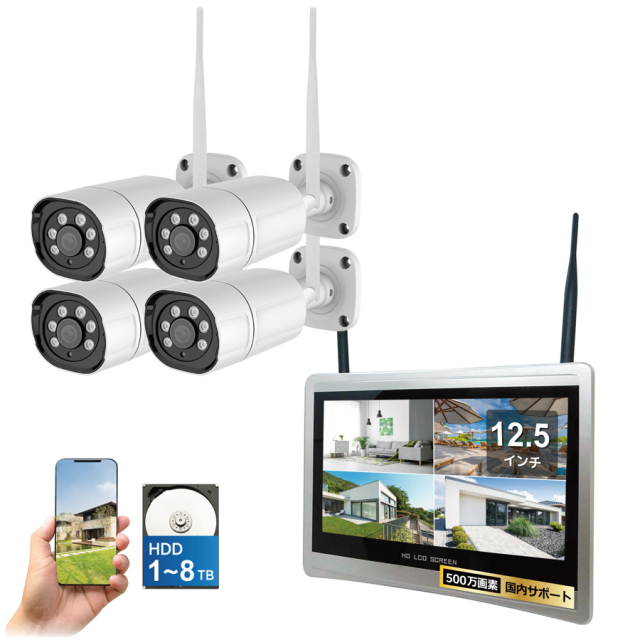 SEC-W-GL4CH-1T | ワイヤレス500万画素カメラ4台+LCD12.5インチ録画機