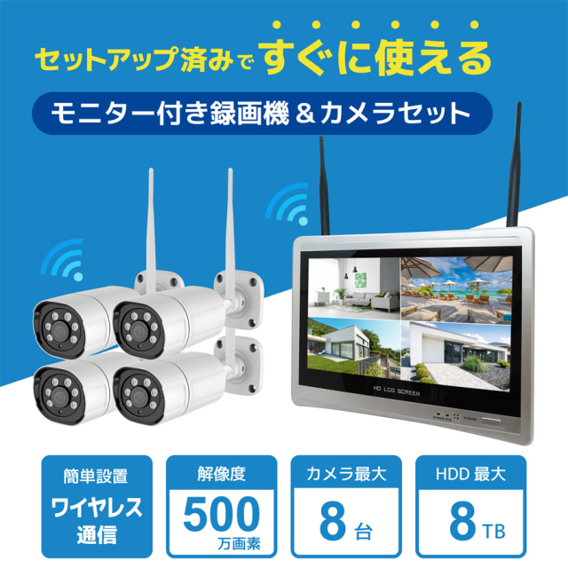 SEC-W-GL1CH-1T | ワイヤレス500万画素カメラ1台+LCD12.5インチ録画機