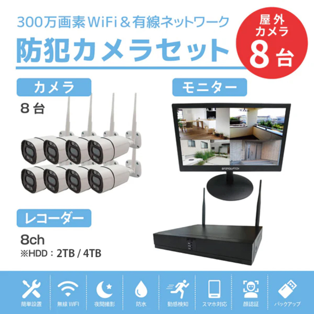 SEC-W-M8CH-16L | 300万画素ネットワークカメラ×8台・15.6インチLCD